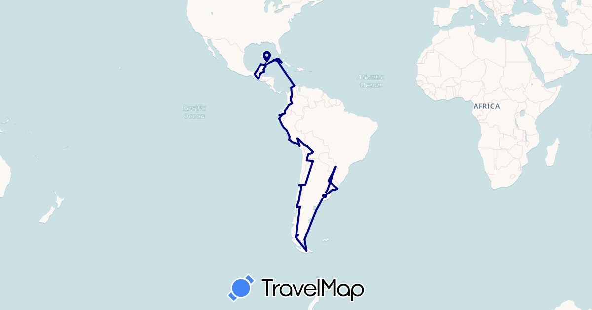 TravelMap itinerary: driving in Argentina, Bolivia, Belize, Chile, Colombia, Cuba, Ecuador, Guatemala, Mexico, Peru, Uruguay (North America, South America)